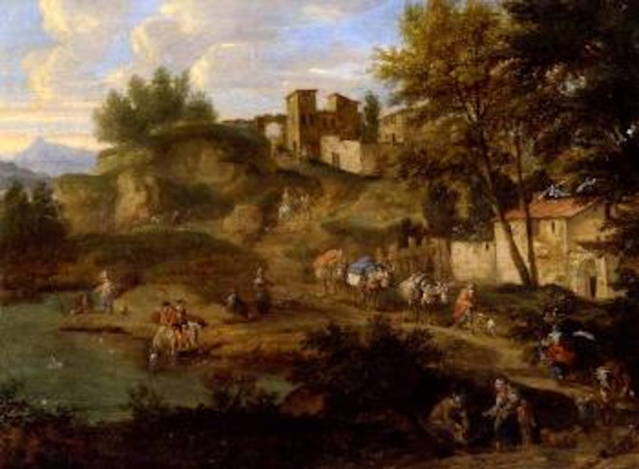 Landscape with figures and laden donkeys by Flemish School