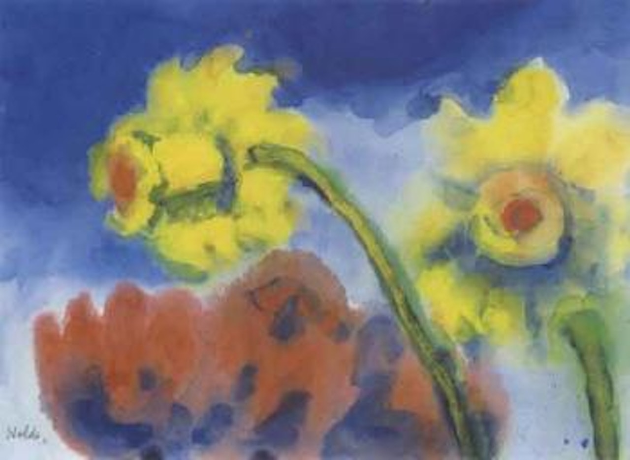 Red flower and yellow narcissi by Emil Nolde