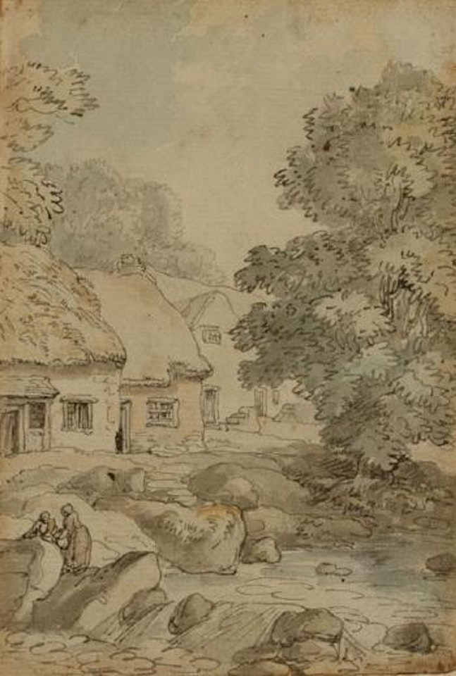 Figures beside a waterfall with cottages beyond by Thomas Rowlandson