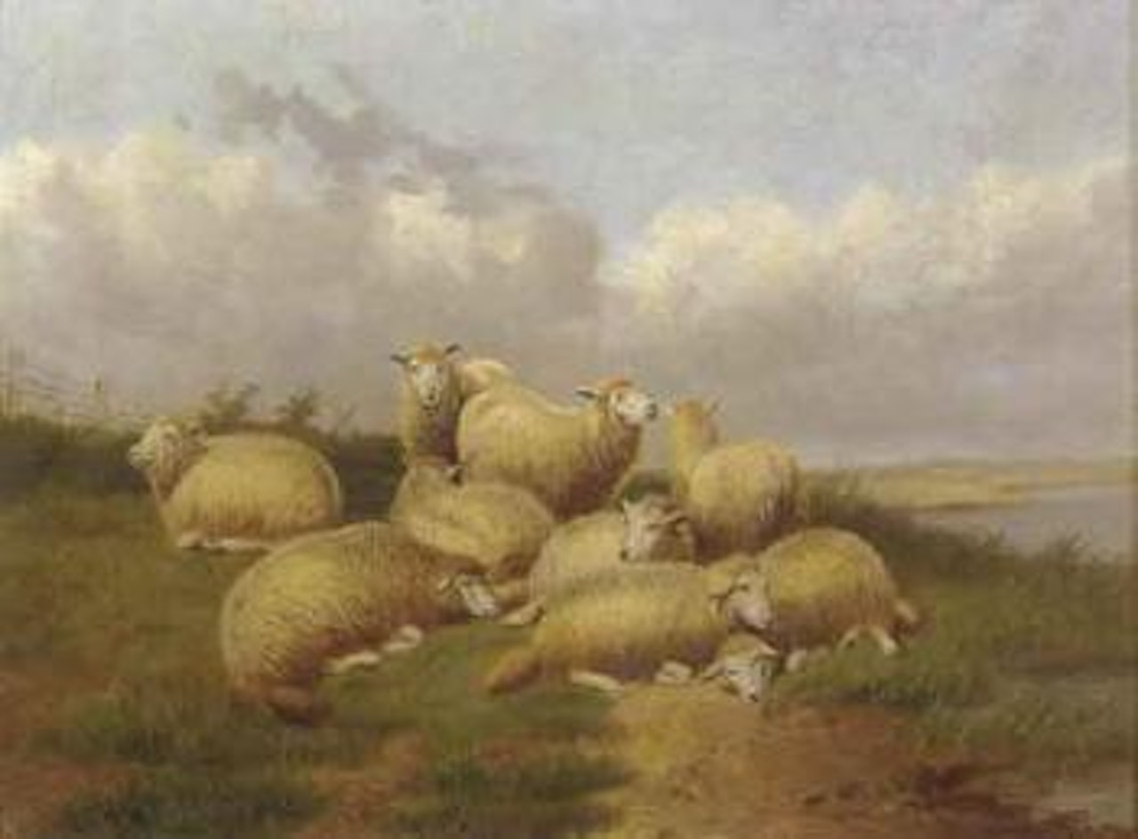 Landscape with sheep in a field by Thomas Sidney Cooper