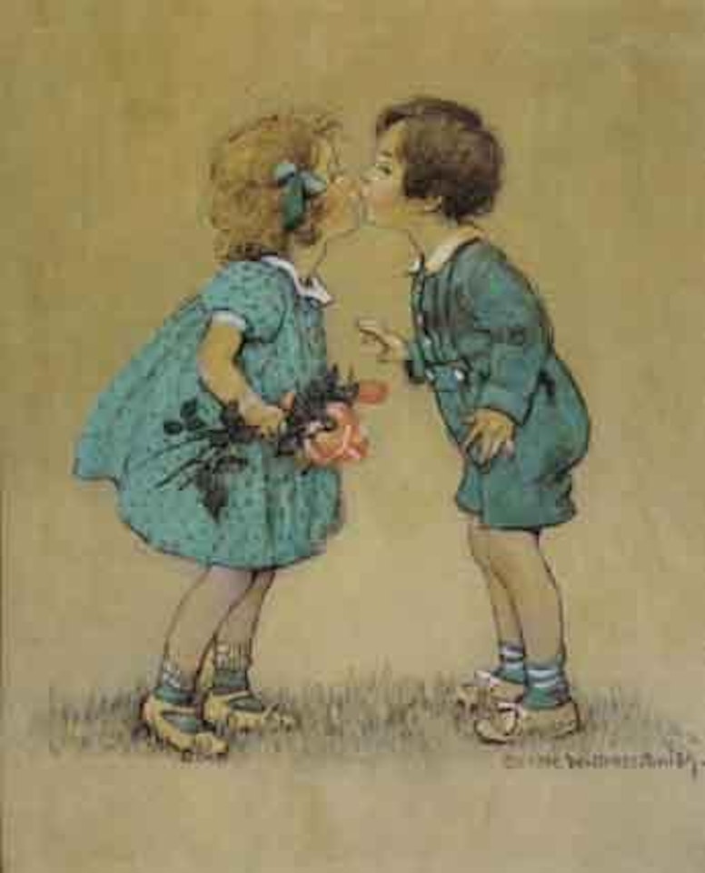 Children kissing, she with flowers by Jessie Willcox Smith