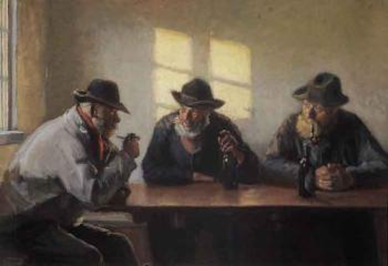 Three fishermen at Brondum's shop by Michael Ancher