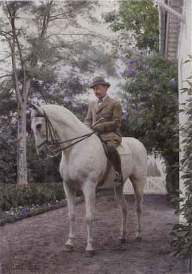 Garden scene with gentleman on horseback by Peder Mork Monsted