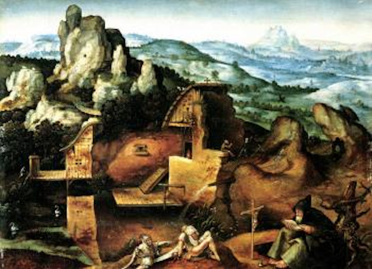 Extensive rocky landscape with the temptation of Saint Anthony by Joachim Patenier