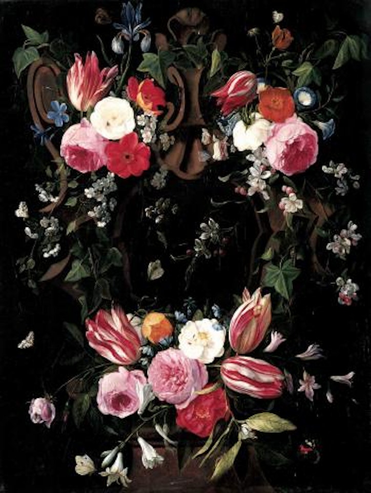 Garland of tulips and other flowers surrounding a sculpted stone with insects by Jan Van Kessel The Elder