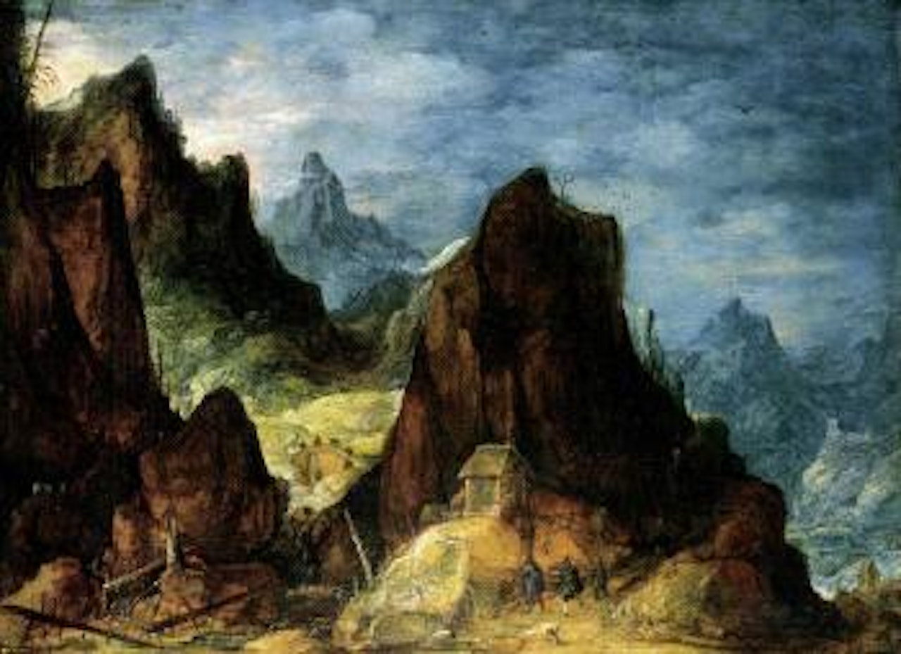 Extensive mountainous landscape with travellers near a hut by Joos de Momper the Younger