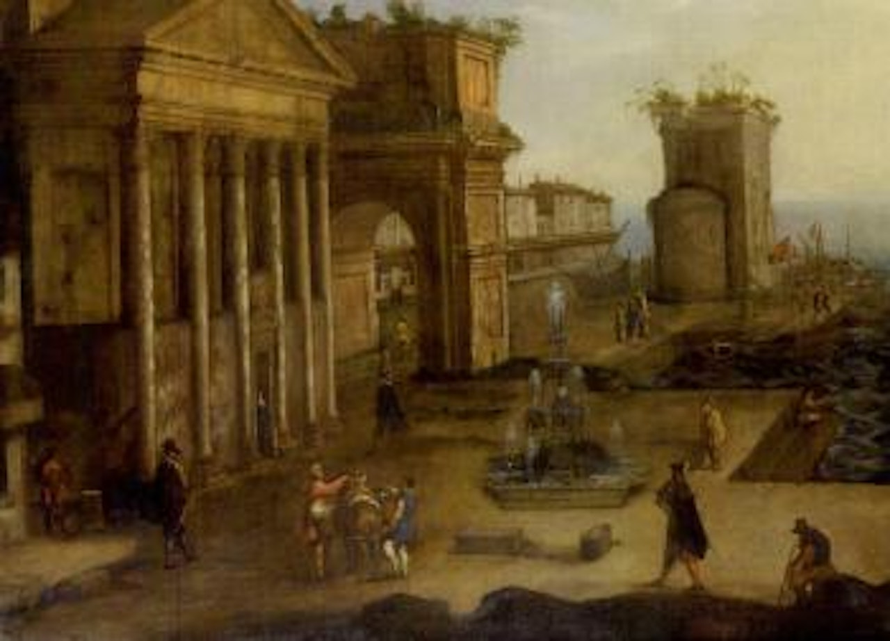 A capriccio of a Roman harbour with a traveller and his mule by Viviano Codazzi