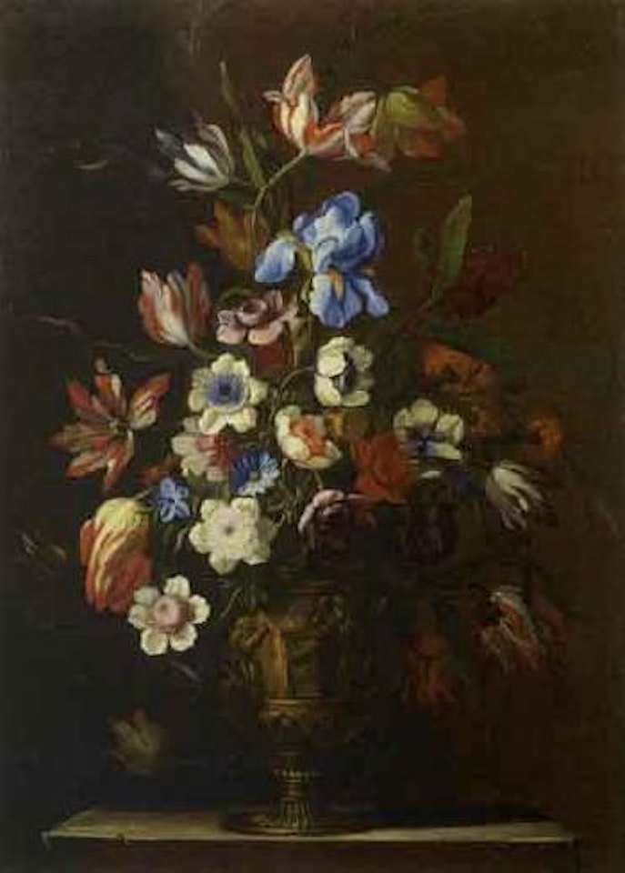 Nature morte au bouquet de fleurs dans un vaseen pierre sculptee by Pieter Hardime