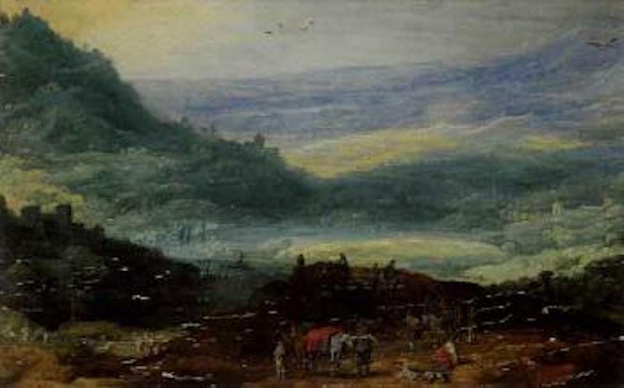 Mountainous landscape with travellers in foreground by Joos de Momper the Younger