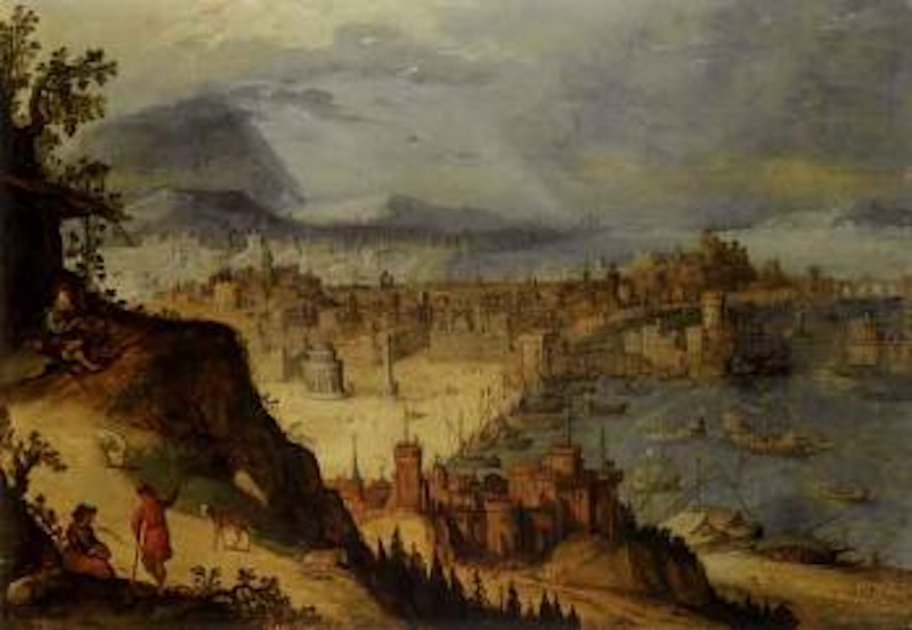 Panoramic view of imaginary city by Hendrick van Cleve