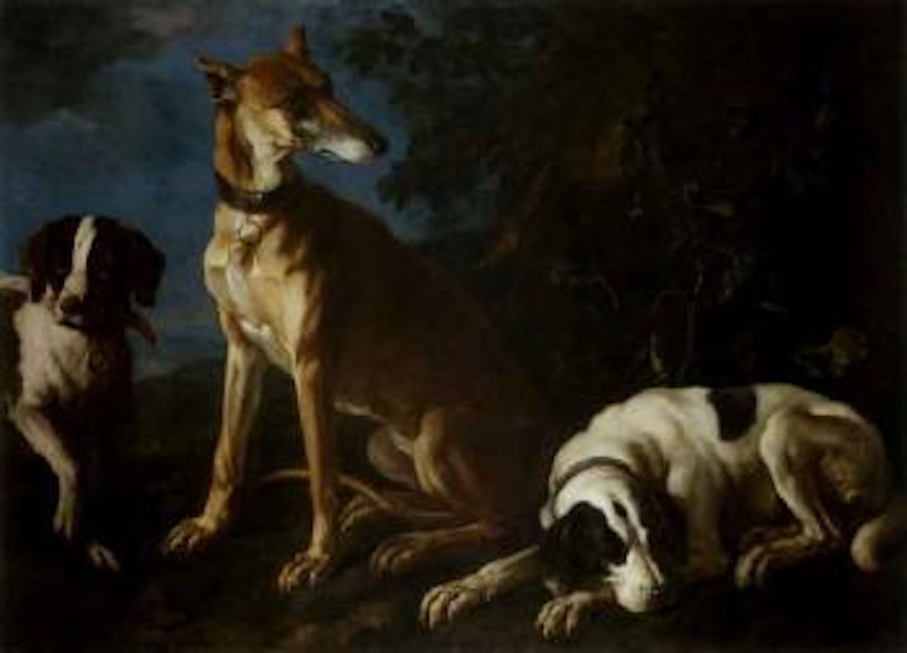 Greyhound and two spaniels in landscape by Franz Werner von Tamm