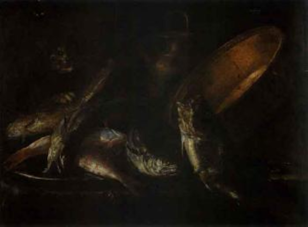 Still life of fish with kitchen vessels. Still life of fish and squid in landscape by Giuseppe Recco