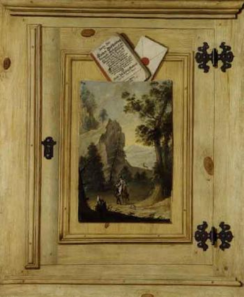 Trompe l'oeil of painting pinned to cabinet door by German School