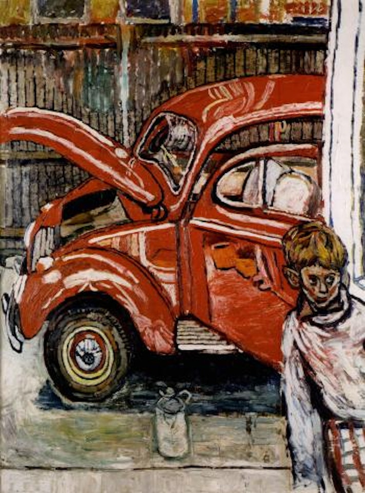 Jean's car with David by John Bratby