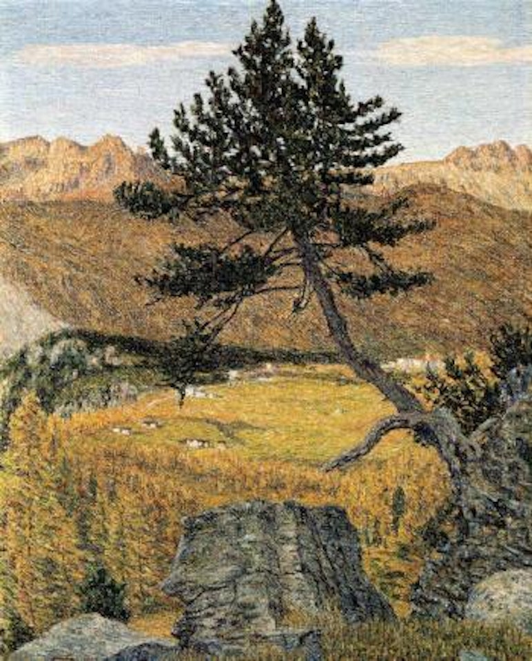 Bergarve in herbstlicher Landschaft, Maloja - Mountain landscape with tree by Gottardo Segantini