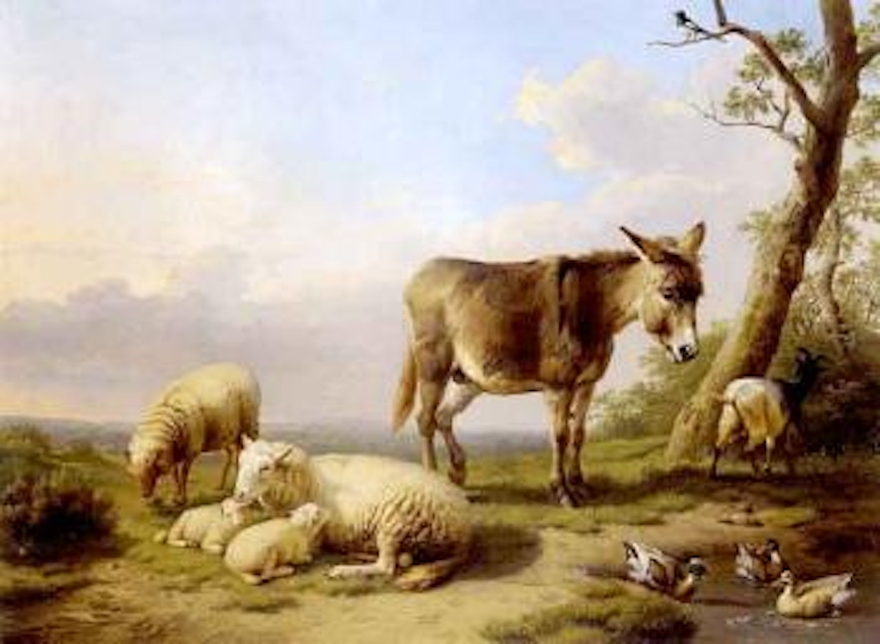 Donkey, goats and sheep in a landscape by Eugène Joseph Verboeckhoven