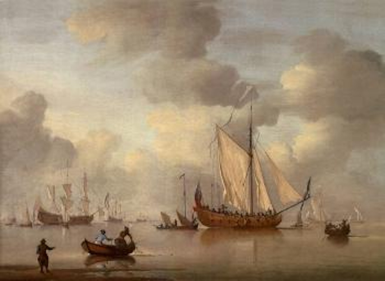 An English Royal Yacht standing offshore in a calm sea by Peter Monamy