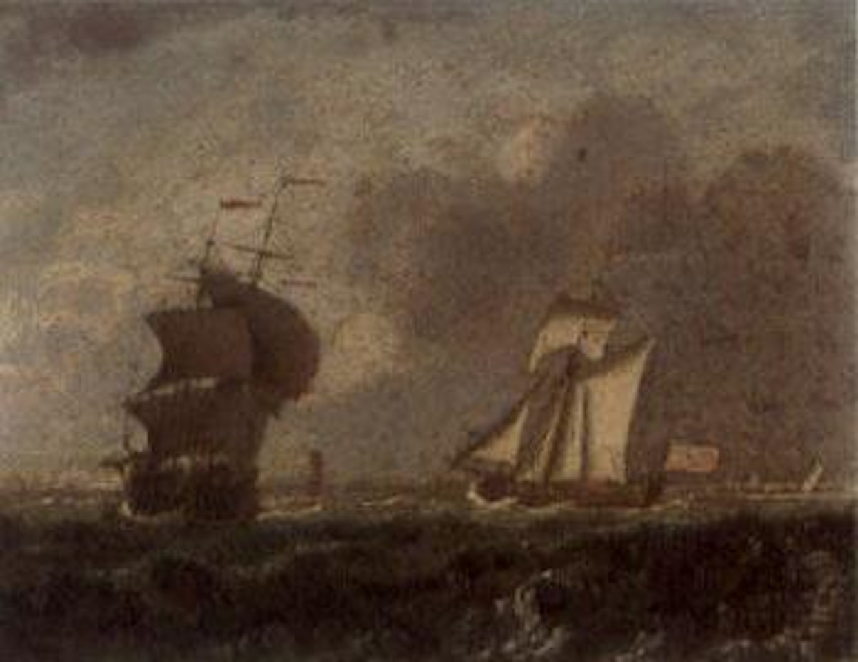 An Admiralty yacht running down the coast, astern of a frigate by Francis Swaine