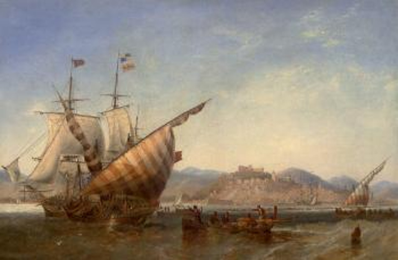 A British frigate and Mediterranean xebecs off Sidon, Lebanon by John Wilson Carmichael