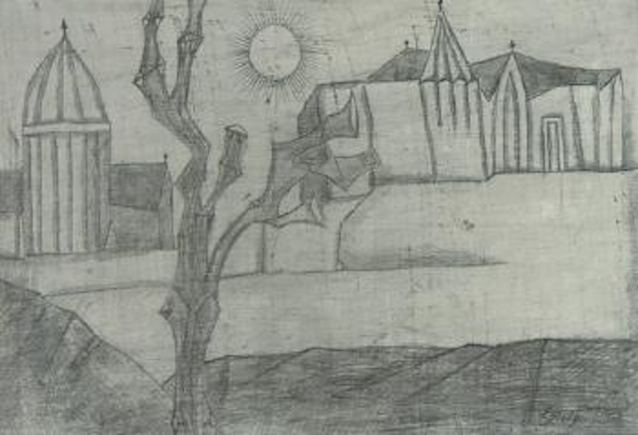 Landscape with tree and church by Francis Newton Souza
