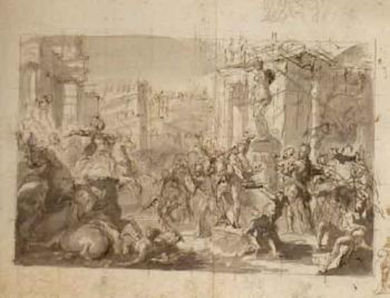 Warriors and classical buildings by Giovanni Antonio Pellegrini