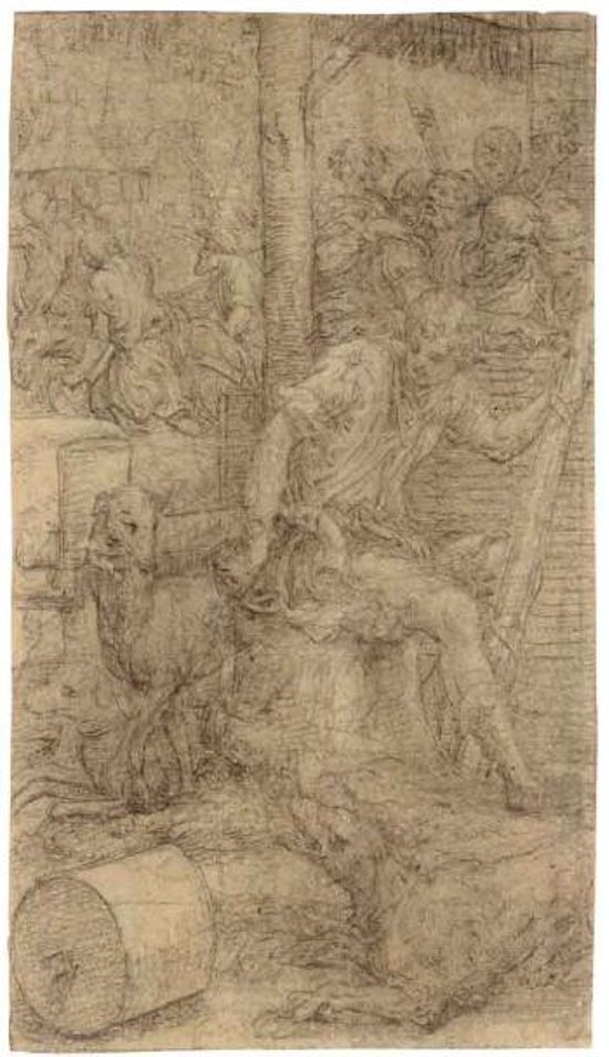 Young shepherd seatyed on tree trunk by Giulio Campi