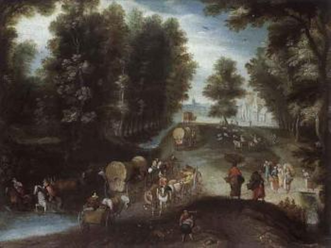 Travellers in a covered wagon near a ford in a wooded landscape by Jan Brueghel the Younger