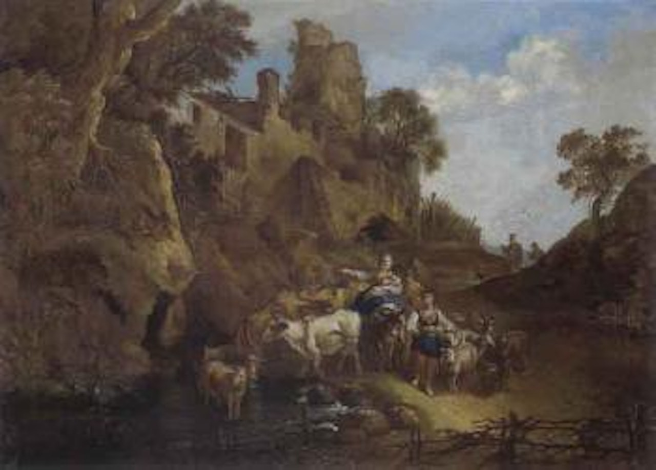Herders and their flock near a ford by a ruined castle by Christian Wilhelm Ernst Dietrich