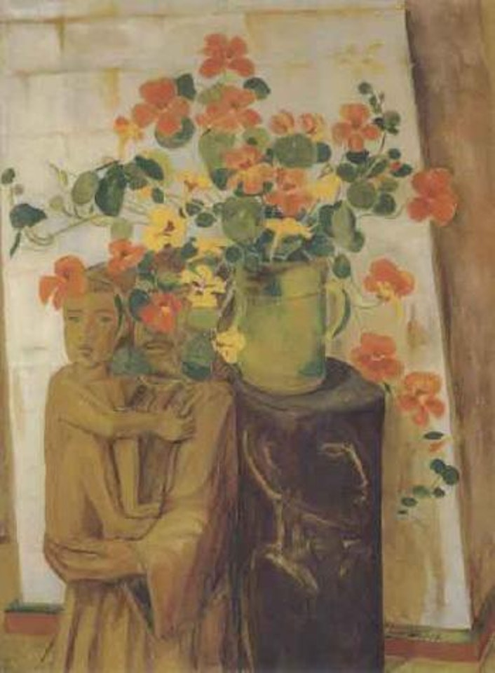 Potted plant and wood sculpture by Erich Heckel