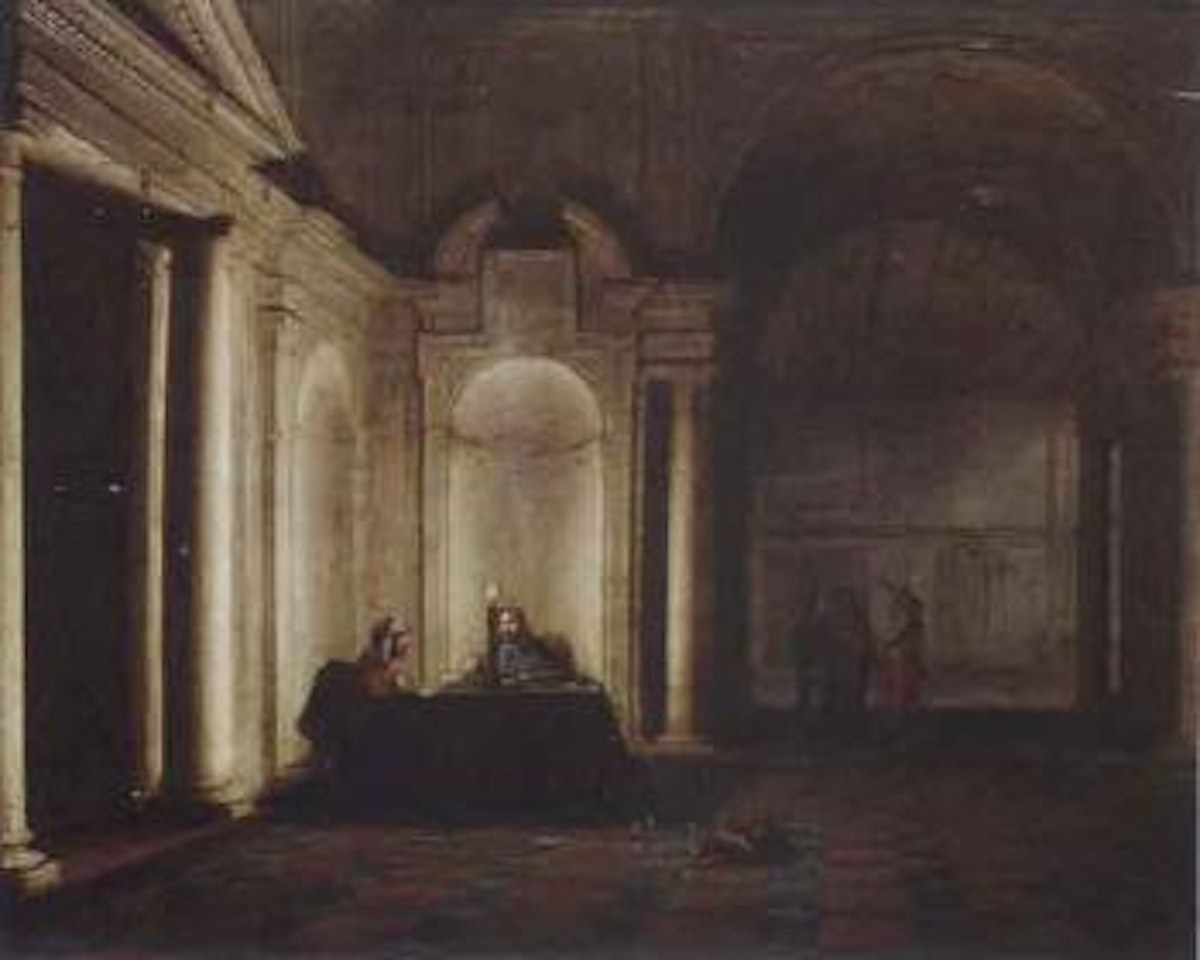Church interior with learned people discussing by Hendrik van Steenwyck the Younger