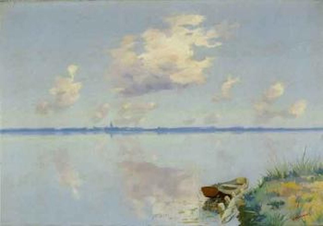 Lake scene with rowing boat with a church tower on the horizon by Dirk Smoorenberg