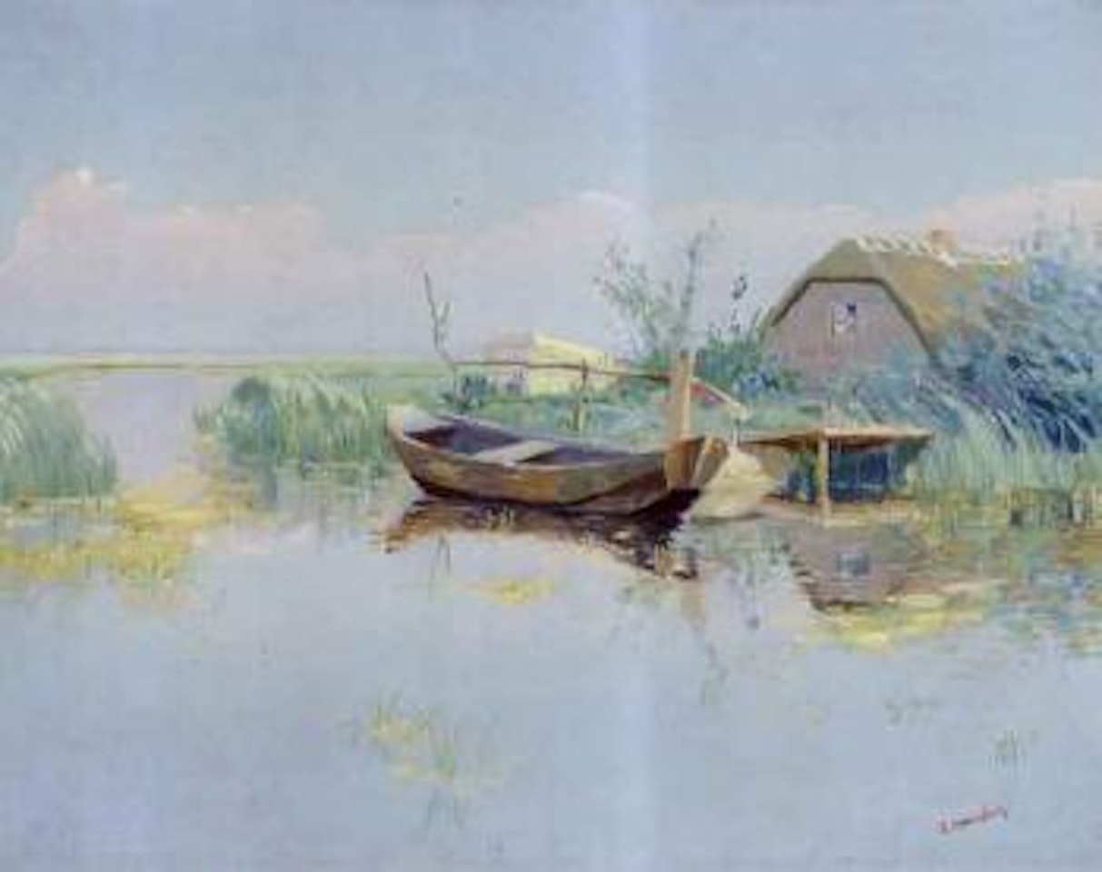 Lake scene with boat moored in front of a farm by Dirk Smoorenberg