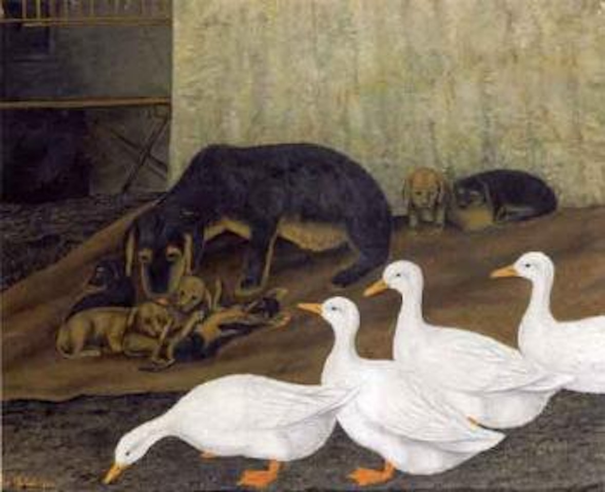 Dog and geese by Adolf Dietrich