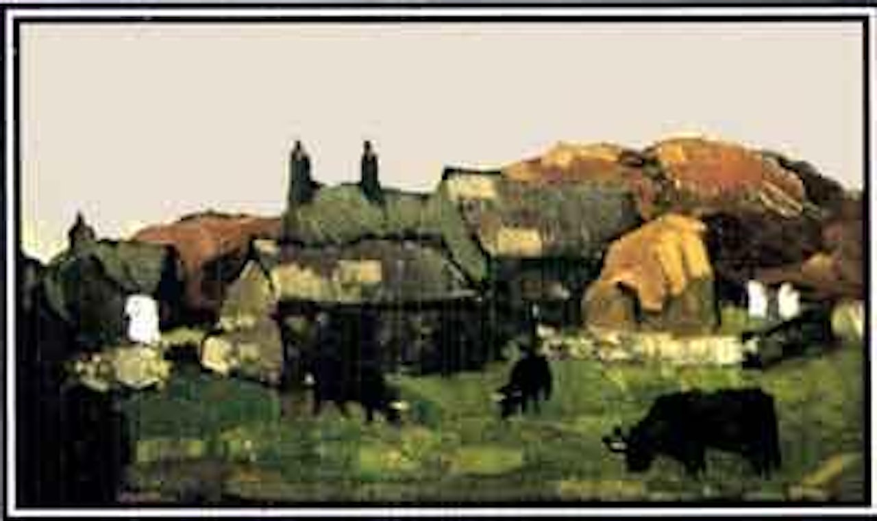 Farmstead with grazing cattle by Kyffin Williams