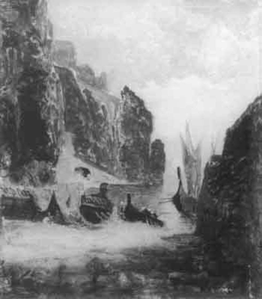 Rocky oriental coast with moored galleys and encampment by Rudolf Ernst