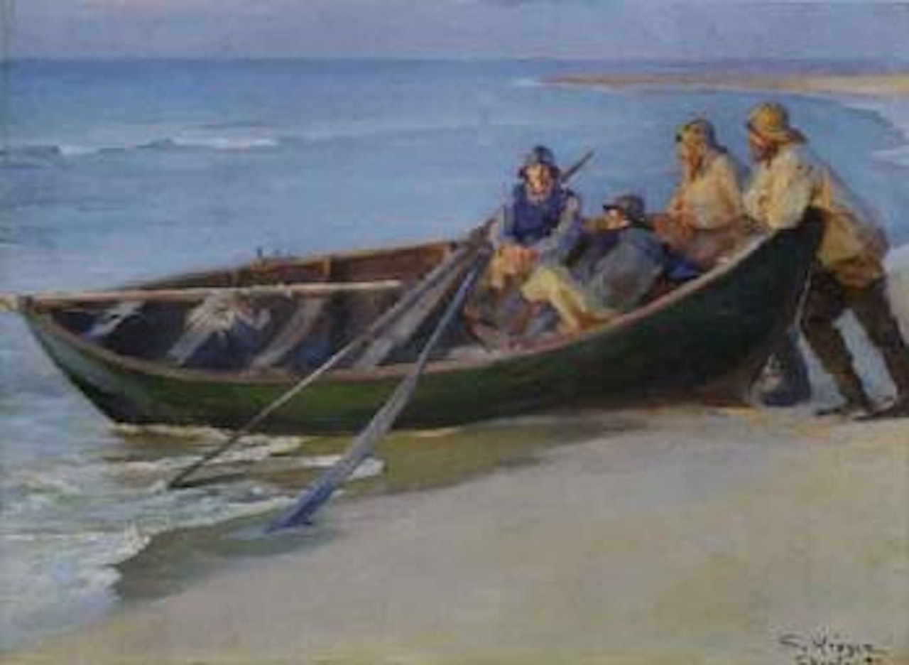 Skagen Nordstrand - green boat and fishermen by Peder Severin Kröyer