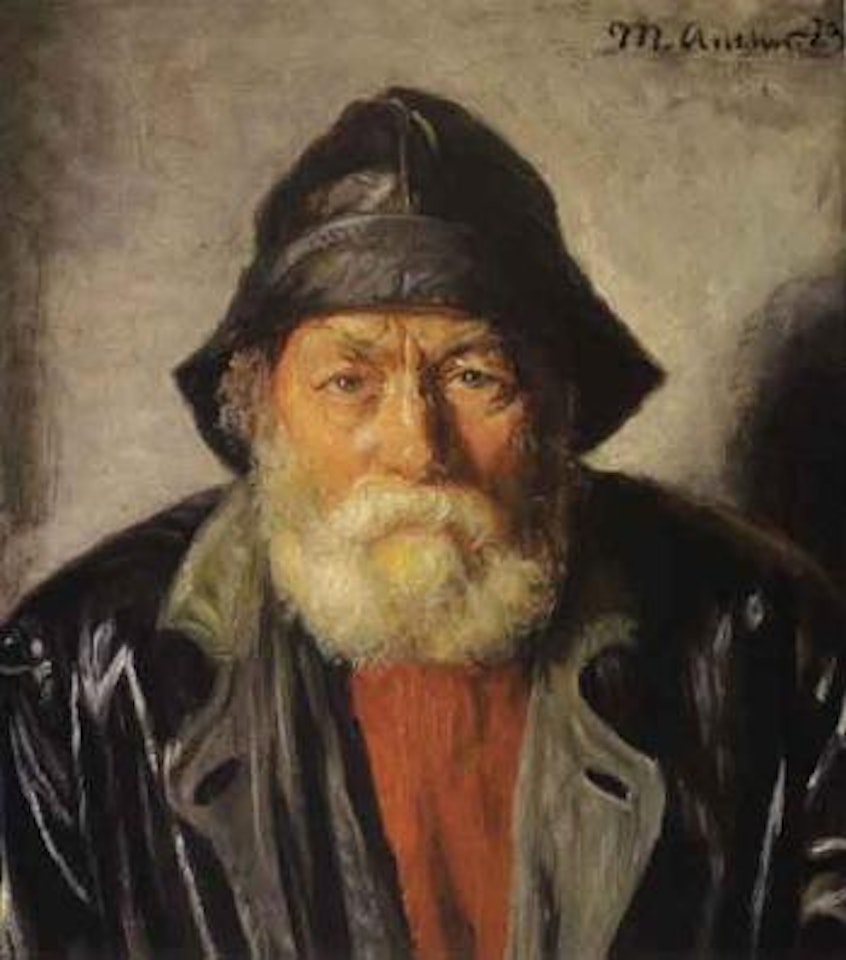 Fisherman with rain-jacket and red jumper by Michael Ancher