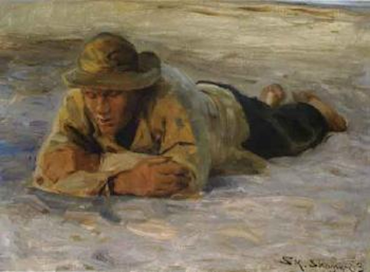 Fisherman seen from front resting in the sand by Peder Severin Kröyer