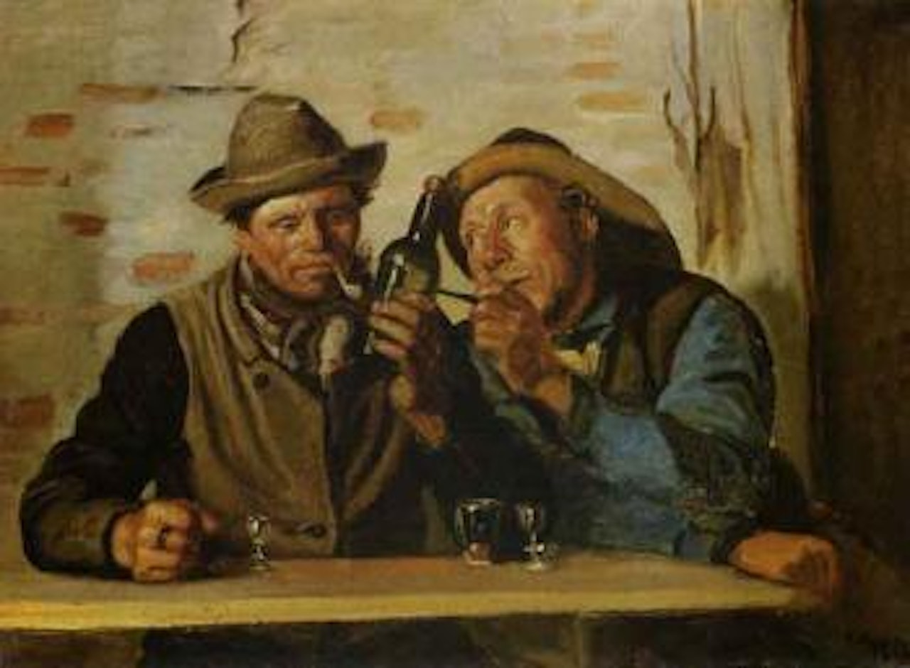 Two Skagen fishermen enjoying a drink and a smoke by Michael Ancher