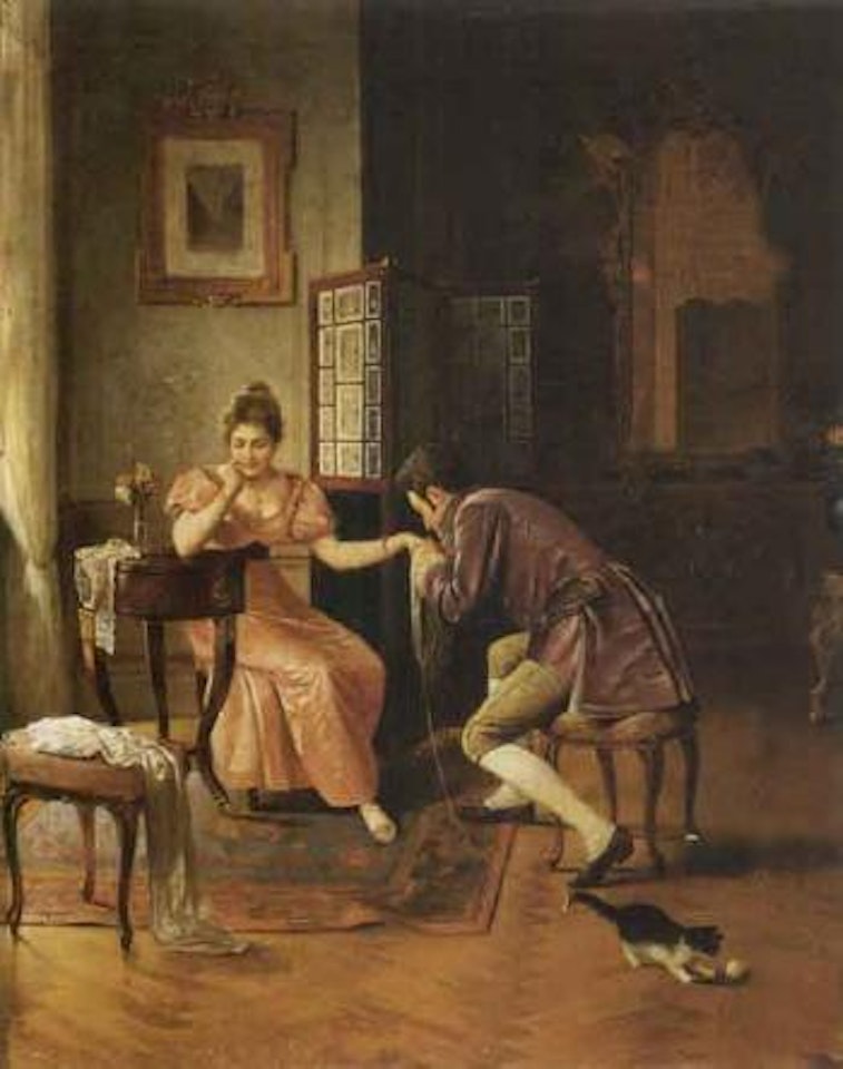 Interior scene with man proposing to lady by Alois Heinrich Priechenfried