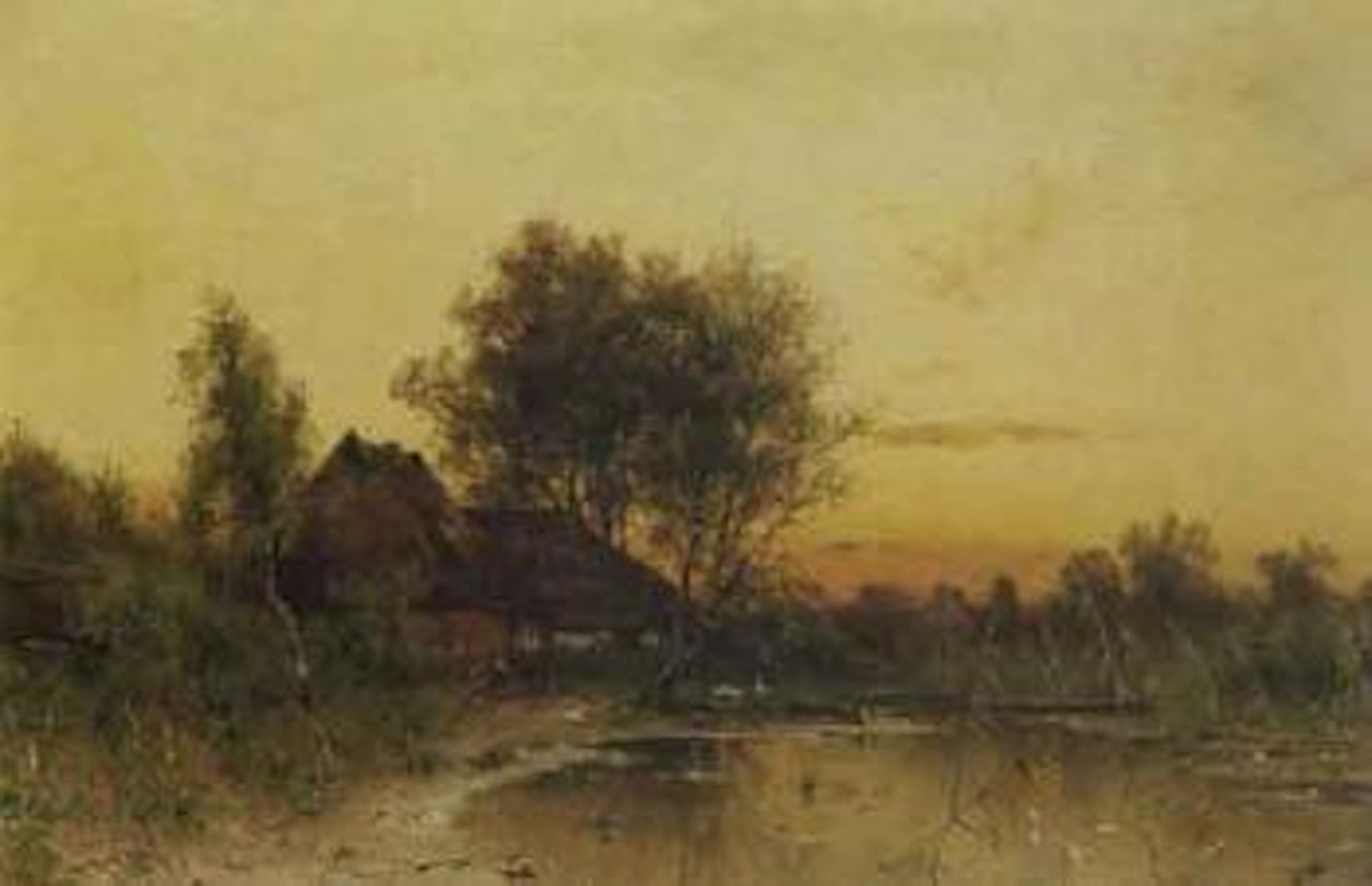Thatched farm by lake, sunset by Walter Moras