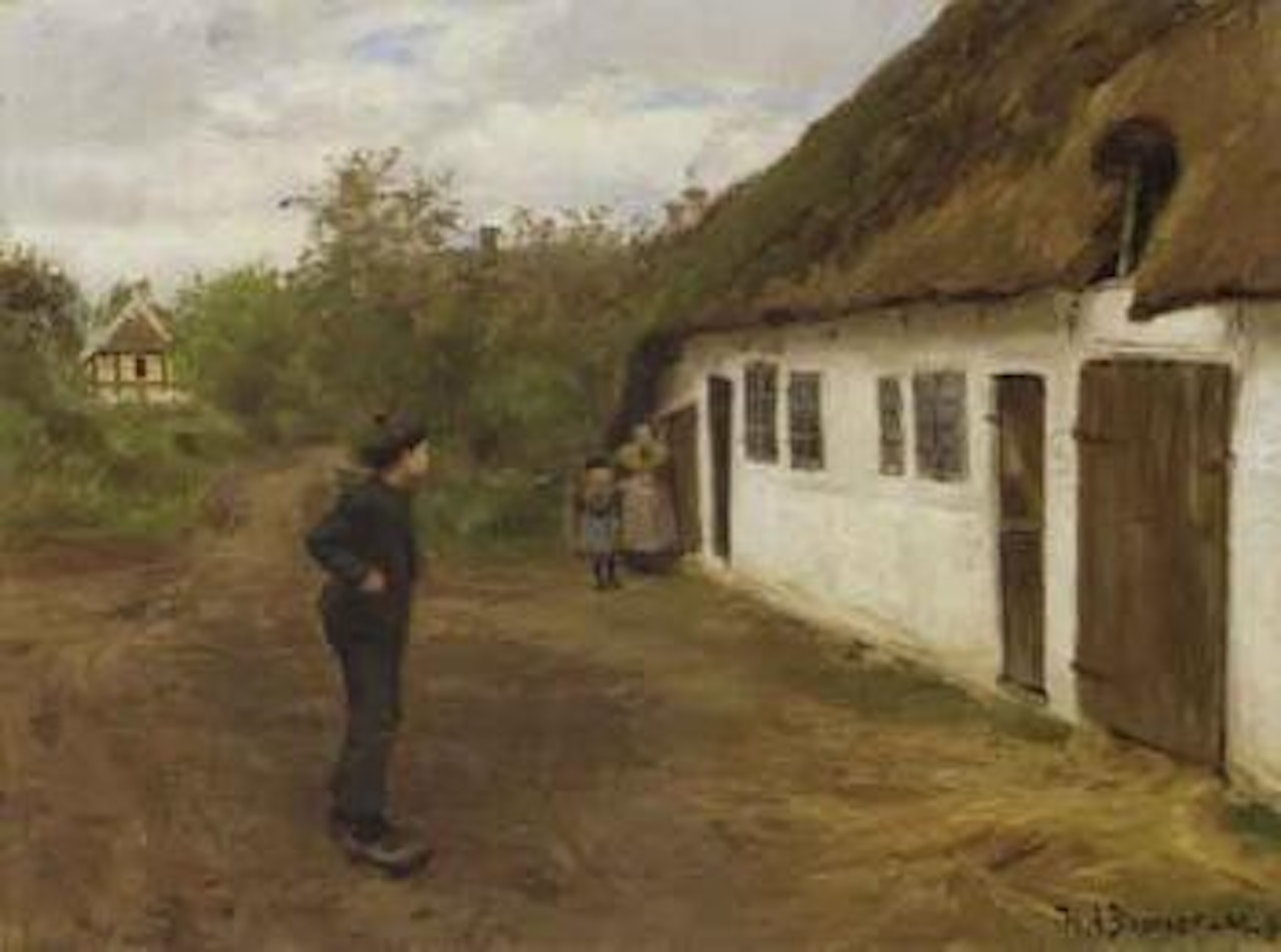 Shall we play? - boy and girl with grandmother by house by Hans Andersen Brendekilde