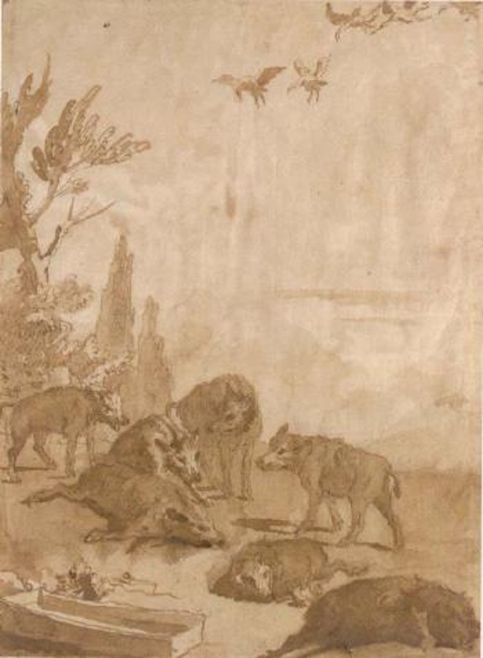 Pack of wolves with three dead boar, a flock of geese above by Giovanni Domenico Tiepolo