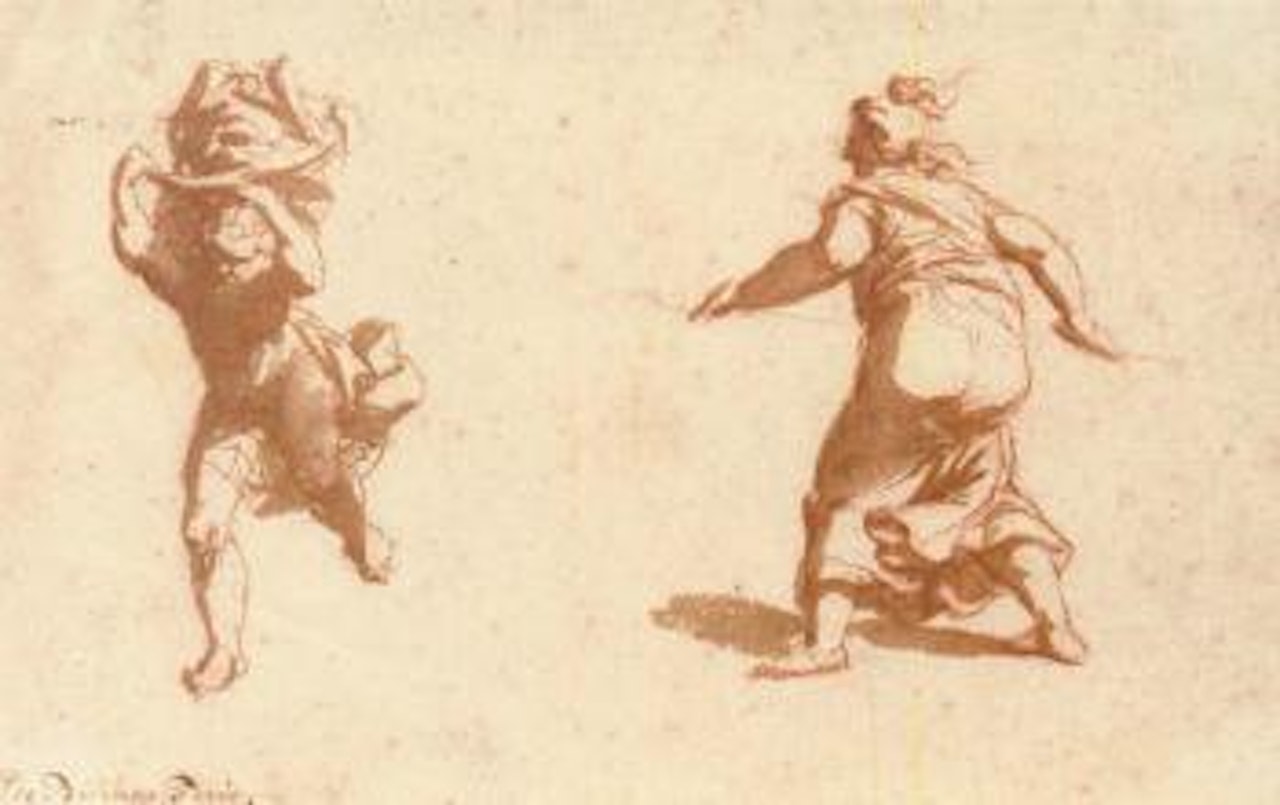 Running figure with flying draperies, and a female figure by Jan de Bisschop