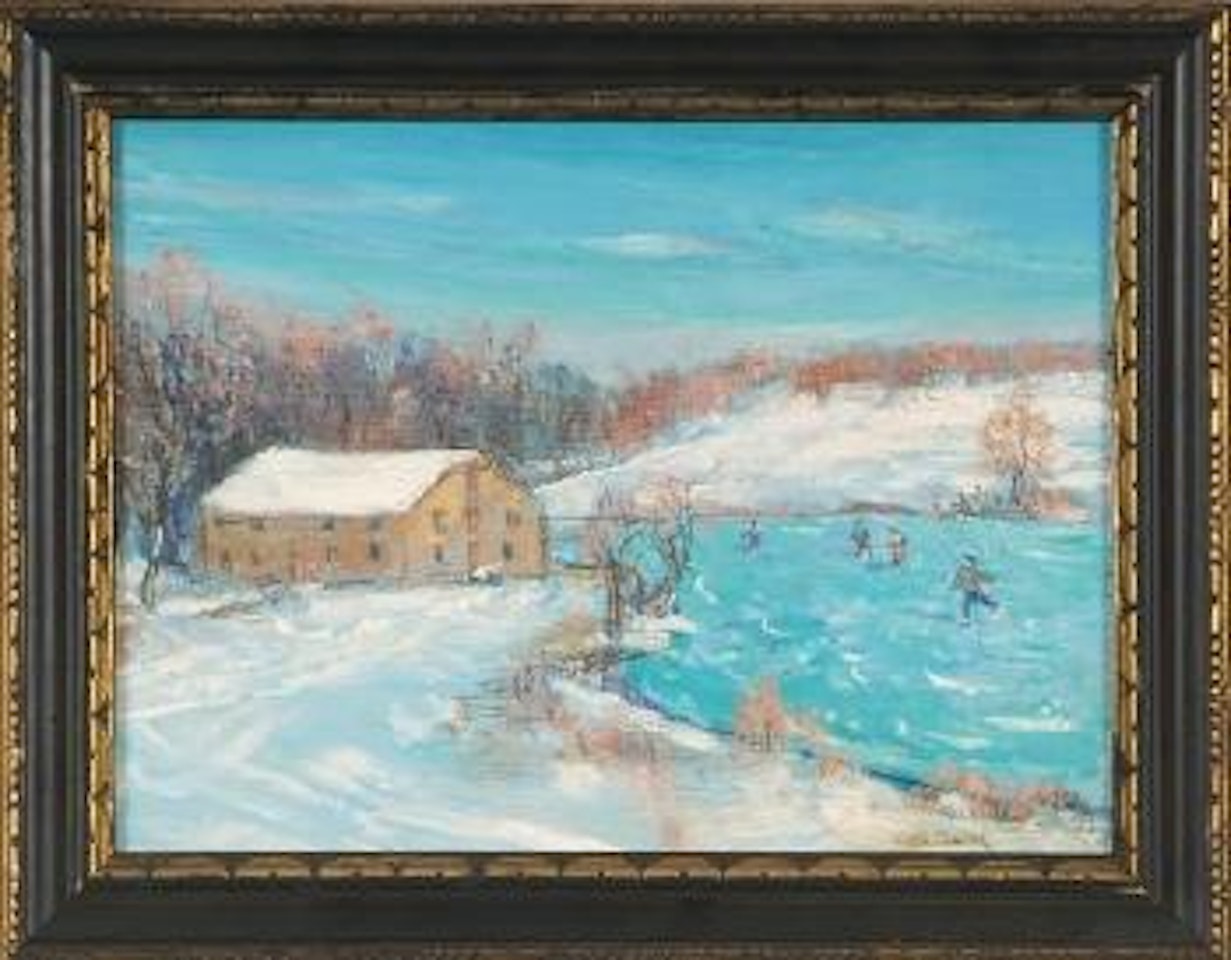 Ice skating by the mill, winter landscape by Walter Emerson Baum