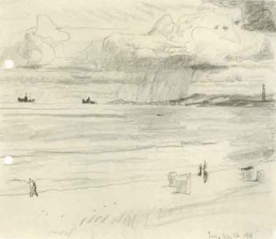 Steamer in a bay with a lighthouse and figures by Lyonel Feininger