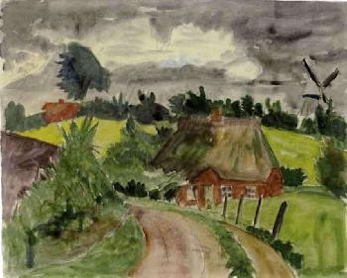 Hilly landscape with houses and a windmill by Erich Heckel
