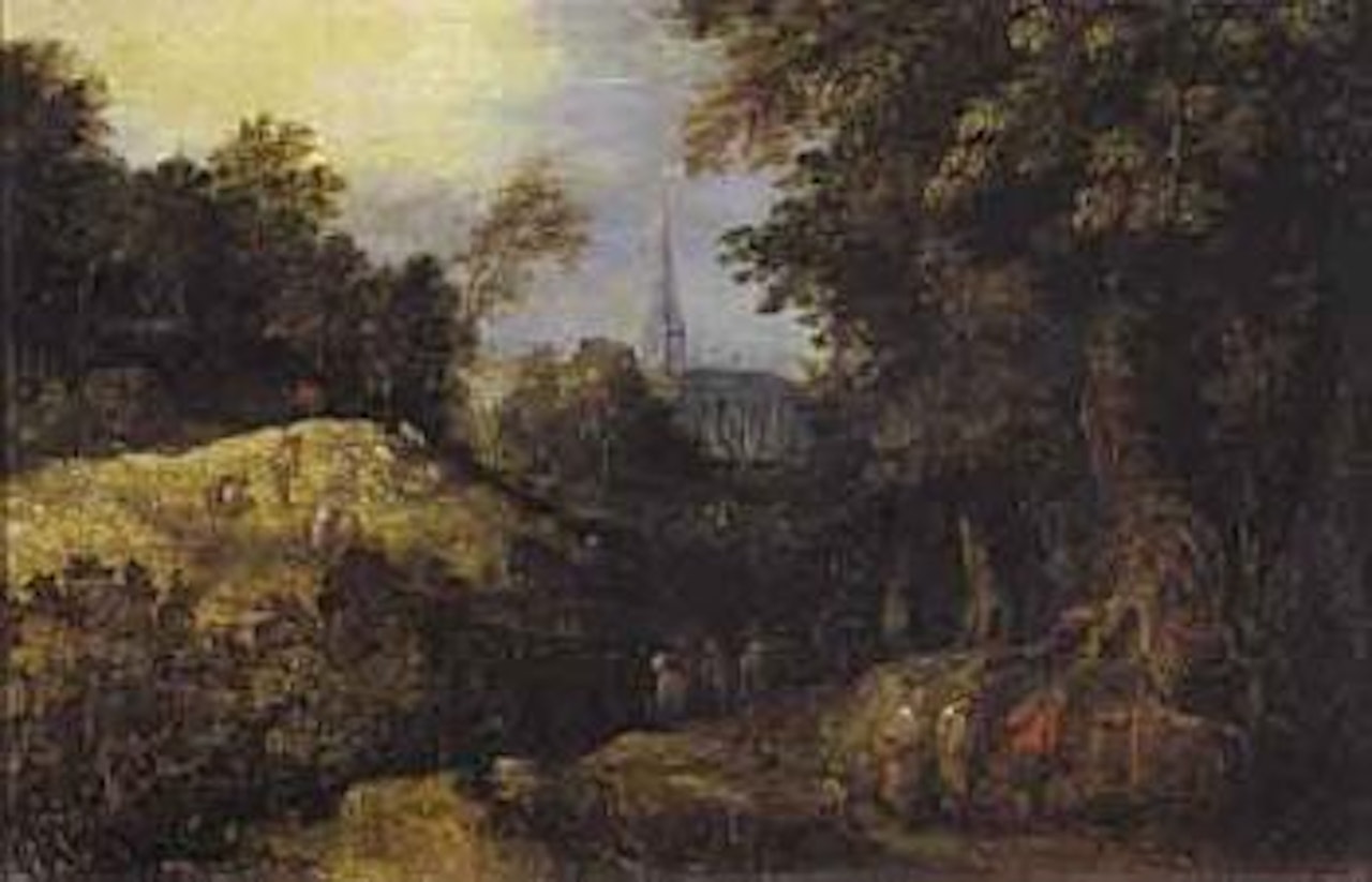Wooded landscape with travellers by Abraham Govaerts