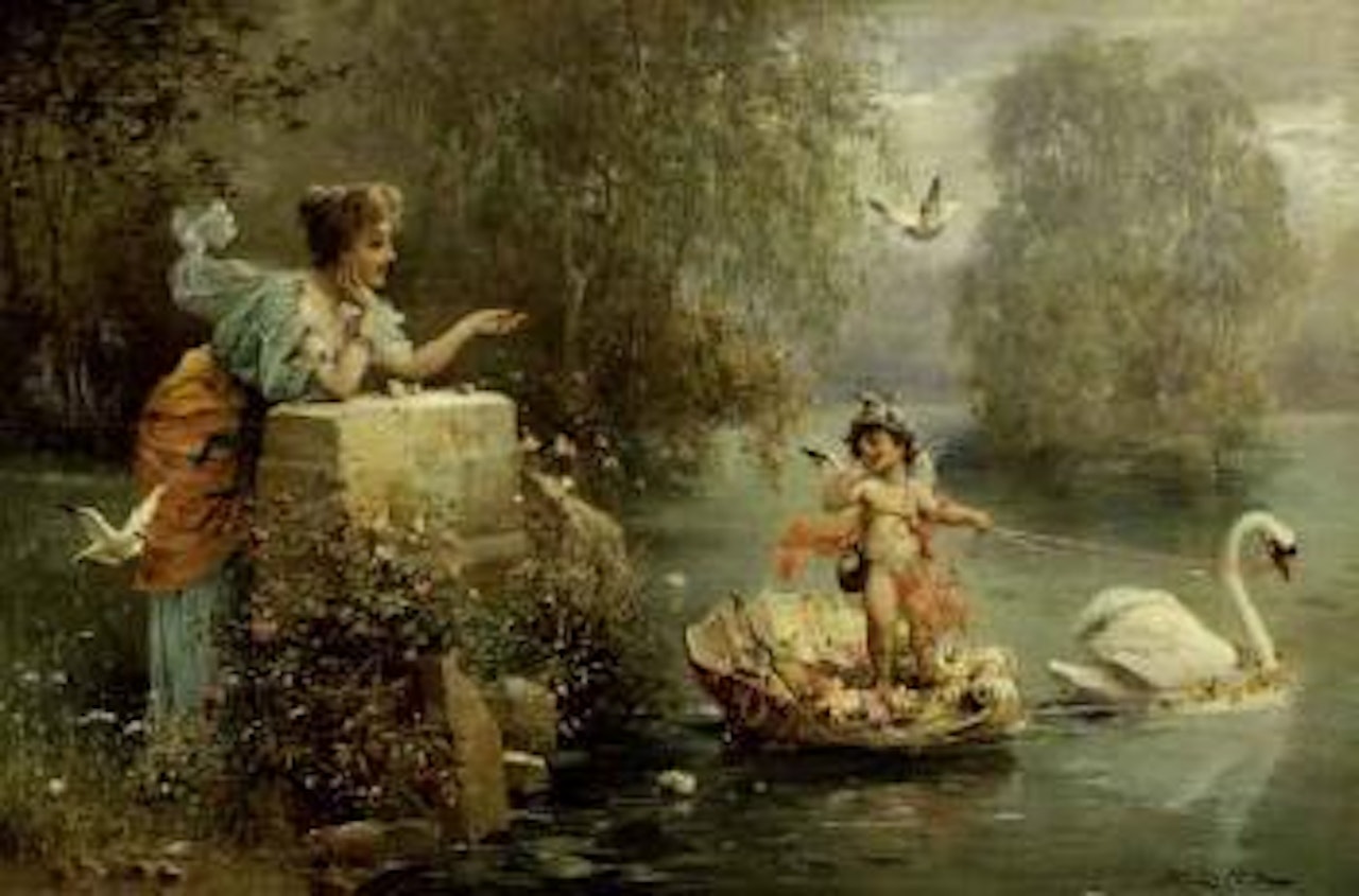Young woman on the water's edge with a Cupid on a swan by Hans Zatzka