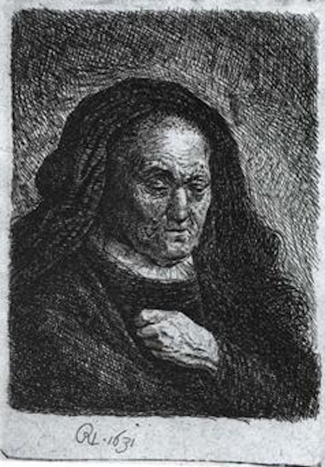Artist's mother with her hand on her chest by Attributed to Rembrandt Harmensz van Rijn